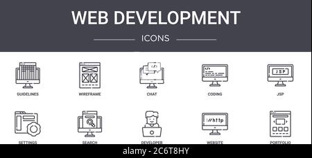 Web-Entwicklung Konzept Linie Symbole gesetzt. Enthält Symbole für Web, Logo, ui/ux wie Wireframe, Codierung, Einstellungen, Entwickler, Website, Portfolio, Stock Vektor