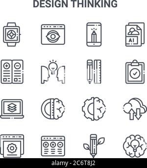 Satz von 16 Design Thinking Konzept Vektor-Linien-Symbole. 64x64 dünne Strichsymbole wie Web, Vorteil, Zwischenablage, Gehirn, Vorteil, Gehirn, Bleistift, Penci Stock Vektor