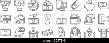 Geldlinie Symbole. Lineare Satz. Qualität Vektor-Linie Satz wie Geldauszahlung, Geld senden, Nächstenliebe, Wachstum, mobile Zahlung, zahlen Stock Vektor