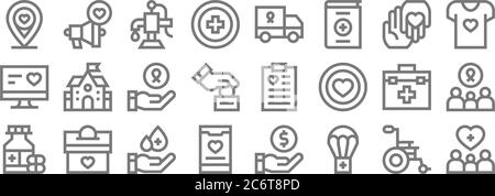 Charity Linie Symbole. Lineare Satz. Qualität Vektor-Linie Set wie Unterstützung, Fallschirm, App, Medikamente, erste-Hilfe-Kit, Nächstenliebe, Frau, Spende, Megaphon Stock Vektor