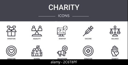 Charity Konzept Linie Symbole Set. Enthält Symbole für Web, Logo, ui / ux wie Gleichheit, Impfstoff, Spende, Megaphon, Spende, Nächstenliebe, Balance, Stock Vektor