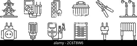 12 Satz von linearen Elektriker Werkzeuge und Elemente Symbole. Dünne Umrisssymbole wie Induktor, Schaltung, LED-Lampe, Zange, Steckdosenleiste, Multimeter für Web Stock Vektor