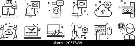 12 Satz von linearen Arbeit von zu Hause Icons. Dünne Umrisssymbole wie Unterstützung, Lösung, WiFi, Cloud, Revision, E-Mail für Web, mobile Stock Vektor