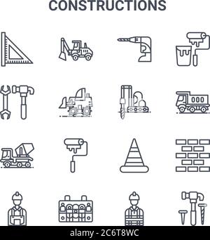 Satz von 16 Konstruktionen Konzept Vektor-Linien-Symbole. 64x64 dünne Hub-Symbole wie Bagger, Schraubenschlüssel, LKW, Kegel, Fall, Hammer, Engineering, , Farbe Stock Vektor
