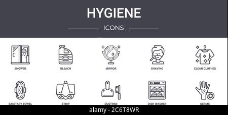 Hygiene Konzept Linie Symbole Set. Enthält Symbole für Web, Logo, ui/ux wie Bleichmittel, Rasur, Sanitärtuch, Kehrschaufel, Geschirrspüler, Keime, sauber Stock Vektor