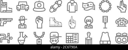 Hip Hop Linie Symbole. Lineare Set. Qualität Vektor-Linie Set wie Ringe, Haarkamm, Schädel, Hip Hop, Mikrofon, Faust, Hand, Hoodie, Auto Stock Vektor