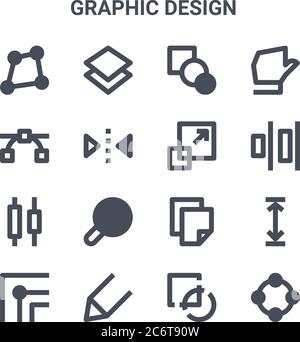 Satz von 16 Grafikdesign Konzept Vektor-Linien-Symbole. 64x64 dünne Strichsymbole wie Ebenen, Knoten, ausrichten, kopieren, Bleistift, Knoten, schneiden, Größe ändern, Hand Stock Vektor