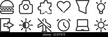 12 Satz von linearen Benutzeroberfläche Symbole. Dünne Umrisssymbole wie Helligkeit, Uhr, Kontrast, Filter, Plugin, Kamera für Web, Handy Stock Vektor
