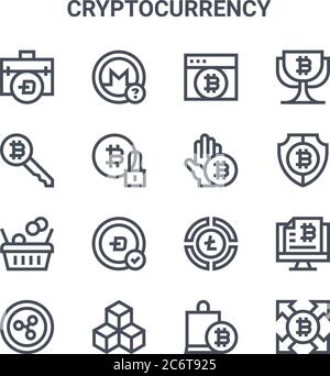 Satz von 16 Kryptowährungs-Konzept-Vektorlinien-Symbolen. 64x64 dünne Strichsymbole wie Bitcoin, Schlüssel, Bitcoin, Kreisdiagramm, Blockchain, Bitcoin, Shopping BA Stock Vektor
