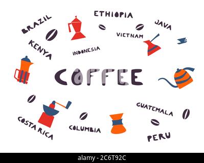 Sammlung von Kaffeemails und Utensilien für das Brühen und Servieren, isolierte Vektorcliparts. Handgezeichnete Doodle-Illustrationen. Stock Vektor