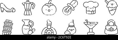 12 Satz von linearen italien-Icons. Dünne Umrisse Symbole wie Handtasche, Provolone, Olivenöl, Koch, Tomaten, Kaffee für Web, mobile Stock Vektor
