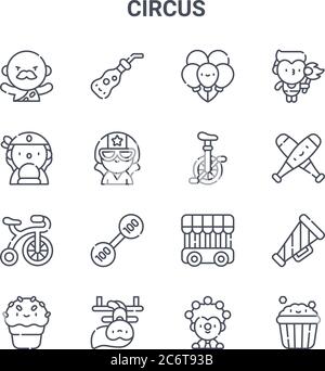 Set von 16 Zirkus Konzept Vektor-Linie Symbole. 64x64 dünne Strichsymbole wie Soda, Wahrsager, Jonglieren, Gefängnis, Trapezkünstler, Popcorn, Jonglieren, m Stock Vektor