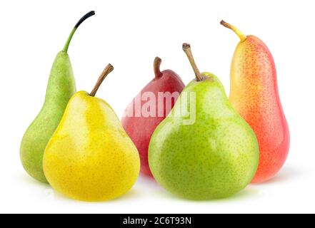 Isolierte Birnen in verschiedenen Farben und Formen. Gelbe, grüne und rote Birnenfrüchte isoliert auf weißem Hintergrund Stockfoto