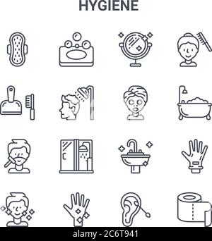 Satz von 16 Vektorlinien-Symbolen für Hygienekonzepte. 64x64 dünne Strich Symbole wie Seife, Kehrschaufel, Badewanne, Waschbecken, Hände waschen, Toilettenrolle, Wattestäbchen, fa Stock Vektor