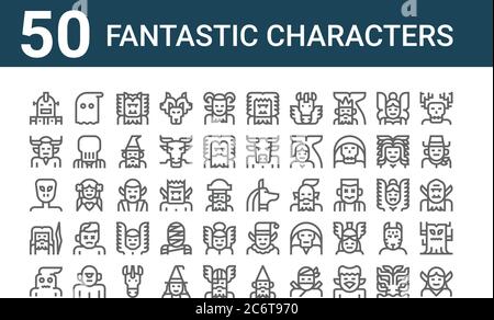 Set von 50 fantastischen Zeichen Symbole. Skizzieren dünne Linie Symbole wie elf, Bogeyman, zeus, Alien, Dämon, Geist, anubis Stock Vektor