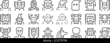 Fantastische Zeichen Linie Symbole. Lineare Satz. Qualität Vektor-Linie Satz wie elf, slenderman, Roboter, odin, Yeti, wendigo, icarus, Bogeyman, Engel Stock Vektor