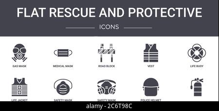 Flat Rettung und Schutzkonzept Linie Symbole Set. Enthält Symbole für Web, Logo, ui / ux wie medizinische Maske, Weste, Rettungsweste, Sicherheitsmaske, po Stock Vektor