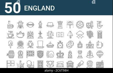 Set von 50 england-Icons. Skizzieren dünne Linie Symbole wie Doppeldecker-Bus, england, Barrel, Golf, Tee, Detektiv, Taschenuhr Stock Vektor