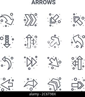 Satz von 16 Pfeilen Konzept Vektorlinien Symbole. 64x64 dünne Strichsymbole wie rechte Pfeilspitze, Download, Pfeil nach oben, Pfeil nach rechts, Pfeil nach rechts, drehen tu Stock Vektor