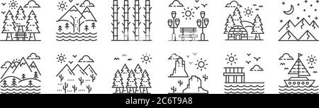 12 Satz von linearen Natur-und Landschaft-Symbole. Dünne Umrisse Symbole wie Boot, Wüste, Wüste, Dorf, Bambus, Berg für Web, mobil Stock Vektor