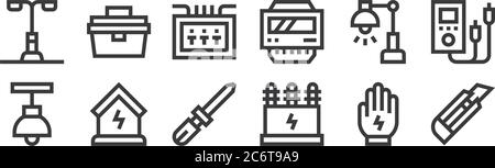 12 Satz von linearen Elektriker Werkzeuge und Elemente Symbole. Dünne Umrisssymbole wie Schneider, Transformator, Strom, Schreibtischlampe, Sicherungskasten, Werkzeugkasten für w Stock Vektor