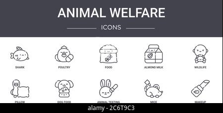 Tierschutz Konzept Linie Symbole Set. Enthält Symbole für Web, Logo, ui / ux wie Geflügel, Mandelmilch, Kissen, Tierversuche, Mäuse, Make-up, Stock Vektor