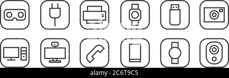 12 Satz von linearen Hardware und Gadgets Symbole. Dünne Umrisssymbole wie Webcam, Smartphone, kinect, usb-Laufwerk, Drucker, Netzkabel für Web, mobile Stock Vektor