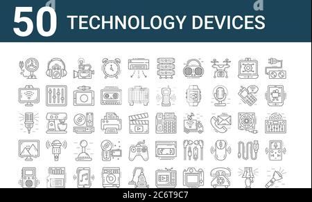 Set von 50 Technologie-Geräte-Symbole. Umreißen dünne Linie Symbole wie Taschenlampe, Musik-Player, Monitor, Mikrofon, WiFi, Woofer, Fax Stock Vektor