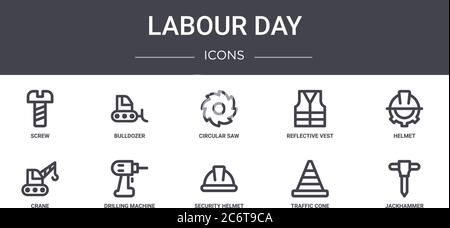 Labor Day Concept Line Icons Set. Enthält Symbole für Web, Logo, ui/ux wie Bulldozer, reflektierende Weste, Kran, Sicherheitshelm, Verkehr Kegel Stock Vektor