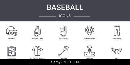 Baseball-Konzept-Linie Symbole Set. Enthält Symbole für Web, Logo, ui/ux wie Baseball-Tasche, Platzhalter, Strategie, Trompete, Podium, Ball, Trouse Stock Vektor