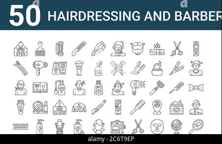 Set von 50 Friseur-und Friseur-Symbole. Skizzieren dünne Linie Symbole wie Spiegel, Zeh-Separator, Elektrorasierer, Haarschnitt, Haare, Haarkamm, Hautpflege Stock Vektor