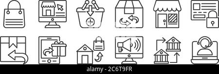 12 Satz von linearen Shopping-Line-Icons. Dünne Umrisssymbole wie Online-Support, Online-Marketing, E-Commerce, Shop, in den Warenkorb, Online-Shop f Stock Vektor