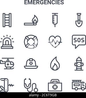 Satz von 16 Notfällen Konzept Vektorlinien-Symbole. 64x64 dünne Schlaganfall Symbole wie Match, Sirene, sos, Feuer, Stethoskop, Feuerwehrauto, erste-Hilfe-Kit, Puls Stock Vektor