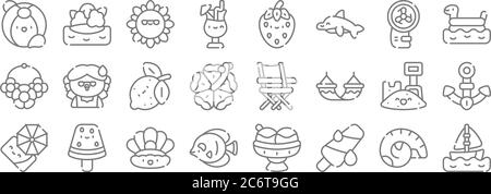 Sommer Linie Symbole. Lineare Set. Qualität Vektor-Linie Set wie Segelboot, Eis, Fisch, Sonnenschirm, Sand, Zitrone, Gummiring, Erdbeere, Insel Stock Vektor