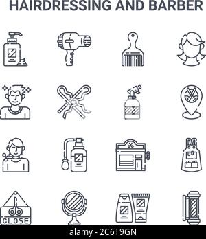 Set von 16 Friseur und Friseur Konzept Vektor-Linie Symbole. 64x64 dünne Strichsymbole wie Haartrockner, Frisur, Standort, Friseurladen, Spiegel, Barber Stock Vektor