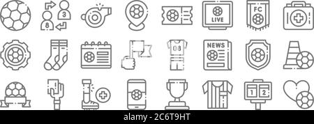Fußball-Linie Symbole. Lineare Satz. Qualität Vektor-Linie Satz wie Fußball, Schiedsrichter, Fußball, erste-Hilfe-Kit, Spieler Stock Vektor