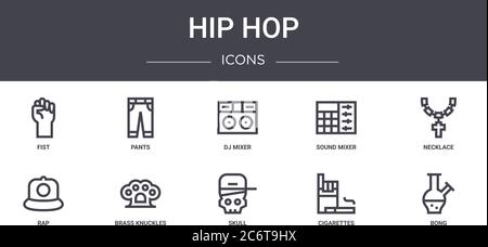 Hip Hop Concept Line Icons Set. Enthält Icons für Web, Logo, ui/ux wie Hosen, Sound Mixer, Rap, Schädel, Zigaretten, Bong, Halskette, dj mixe Stock Vektor