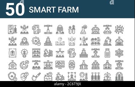 Set von 50 Smart Farm Symbole. Skizzieren dünne Linie Symbole wie Pflanze, Schutz, Smart Farm, Saatbeutel, Smart Drohne, Drohne, Farm Stock Vektor