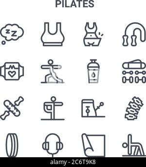 Satz von 16 Pilates Konzept Vektor-Linien-Symbole. 64x64 dünne Striche Symbole wie Top, Smartwatch, Zubehör, Pilates Stuhl, Kopfhörer, Yoga, Yoga-Matte, w Stock Vektor