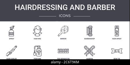 Friseursalon und Friseur Konzept Linie Symbole Set. Enthält Symbole für Web, Logo, ui/ux wie Haarperücke, Friseursalon, Lockenstab, Zeh-Separator, h Stock Vektor