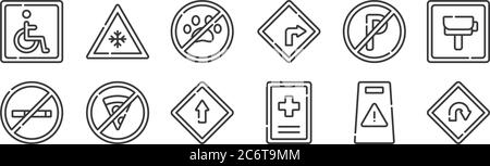 12 Satz von linearen Signalen und Verbote Symbole. Dünne Umrisse Symbole wie Rückschlag, Krankenhaus, kein Essen, kein Parkplatz, keine Haustiere, Vorsicht für Web, mobi Stock Vektor