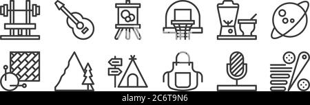12 Satz von linearen Hobbies Symbole. Dünne Umrisse Symbole wie Flipper, Schürze, Wandern, Entsafter, Malerei, Gitarre für Web, Handy Stock Vektor