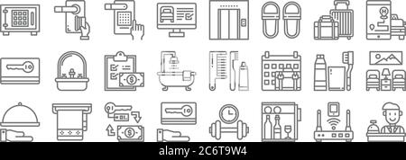 Hotel Linie Symbole. Lineare Satz. Qualität Vektor-Linie Set wie Rezeption, Kühlschrank, Schlüsselkarte, Hand, Zahnbürste, Zwischenablage, Smartphone, Aufzug, Schlüsselkarte Stock Vektor