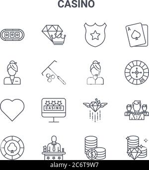 Set von 16 Casino Konzept Vektor-Linie Symbole. 64x64 dünne Strich Symbole wie Diamant, Assistent, Casino, Diamant, Croupier, Münzen, Münzen, Unterstützung, Karte Stock Vektor