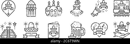 12 Satz von linearen cinco de Mayo-Symbole. Dünne Umrisssymbole wie cinco de Mayo, Bier, mexiko, cinco de Mayo, mexikanische, tamales für Web, mobile Stock Vektor
