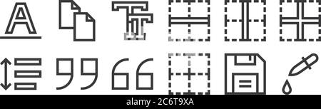 12 Satz von linearen Text-Editor-Symbole. Dünne Umrisssymbole wie Pipette, Rand, Zitat, Rand, Großbuchstaben, Kopie für Web, mobil Stock Vektor