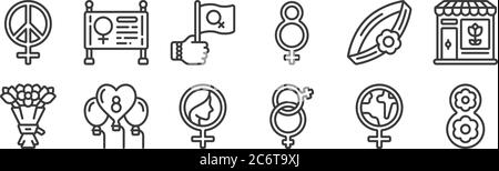 12 Satz von linearen Frauen Tag-Icons. Dünne Umrisse Symbole wie acht, , Luftballons, Armband, Flagge, für Web, Stock Vektor