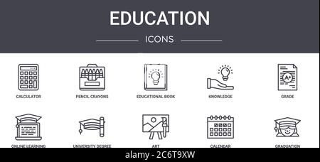 Bildung Konzept Linie Symbole Set. Enthält Symbole für Web, Logo, ui / ux wie Bleistift Buntstifte, Wissen, Online-Lernen, Kunst, Kalender, gradua Stock Vektor
