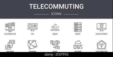 Telecommuting Concept Line Icons Set. Enthält Icons für Web, Logo, ui/ux wie vpn, Server, Exchange, Share, Netzwerk, Telearbeit, Online Stock Vektor