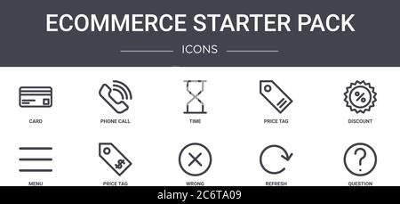 ecommerce Starter Pack Concept Line Icons Set. Enthält Symbole für Web, Logo, ui/ux wie Telefonanruf, Preisschild, Menü, falsch, aktualisieren, questio Stock Vektor